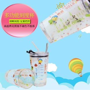 精选刻度杯牛奶杯带勺子吸管大玻璃杯耐热杯子带盖水杯女家用可爱