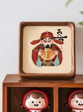 财神爷办公室桌面装饰画摆台恭喜发财招财创意摆件2025实木小相框