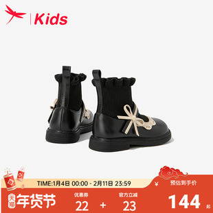 红蜻蜓女童鞋子儿童短靴子公主女孩小皮鞋2026新款冬季加绒大童黑