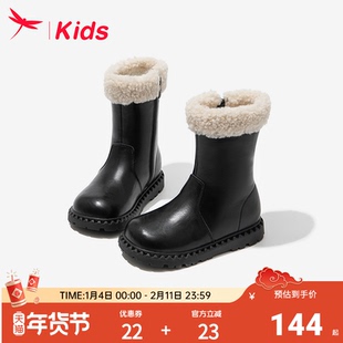 红蜻蜓女童靴子儿童雪地靴加绒马丁短靴皮靴2026新款冬季宝宝黑色