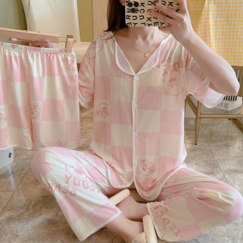 M-【2023夏季】冰丝睡衣女套装吊带性感可爱薄款家居三件套_古灵精怪＞Girl_女士内衣/男士内衣/家居服-第3张图片-提都小院