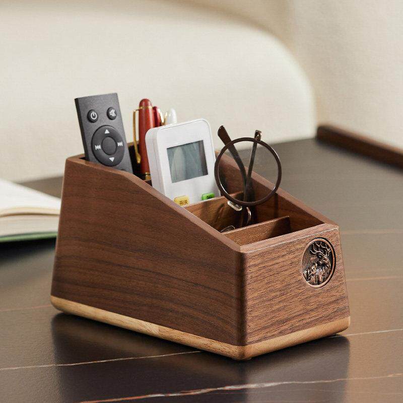 桌面整理杂物收纳盒黑胡桃木实木茶几遥控器笔筒办公文具收纳层架