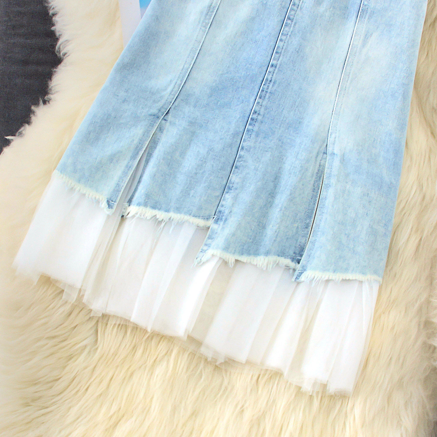 2026新款春夏装浅蓝色牛仔半身裙拼接网抄淑女减龄洋气中长A字裙