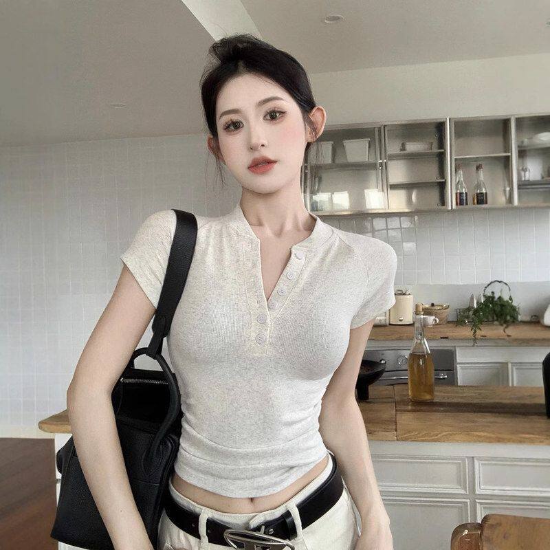 2025夏季新款美式纽扣半开领短袖T恤女上衣修身褶皱短款打底衫潮