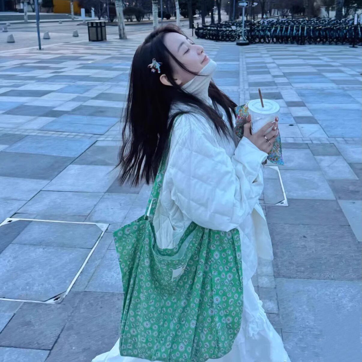 蒋依依同款绿色碎花帆布包双层款大包慵懒包绿色包单肩斜挎包