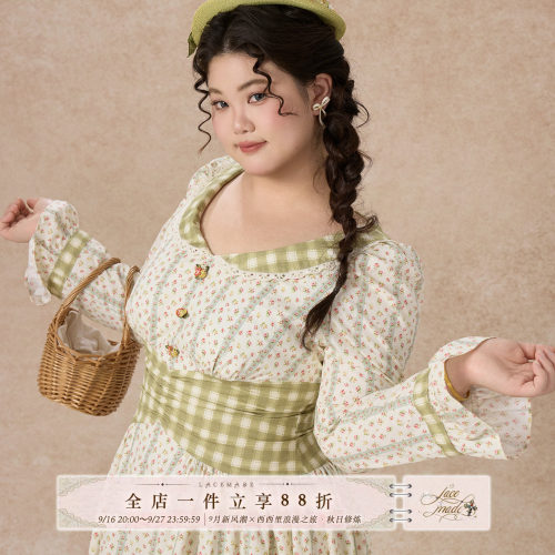 LaceMade大码女装 温莎花园 法式田园风棉质通勤碎花长袖连衣裙女