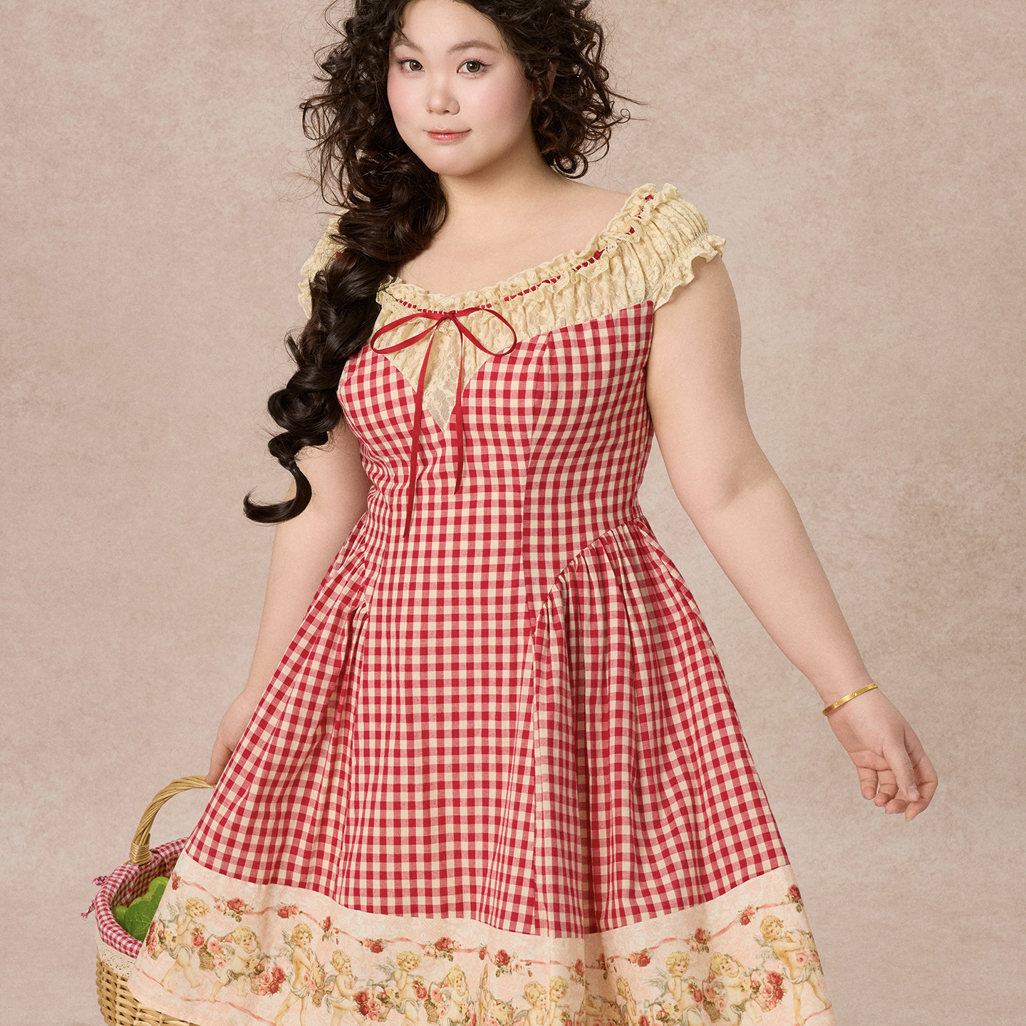 LaceMade大码女装 牧场女孩 法式田园风红格子蕾丝拼接连衣裙夏季