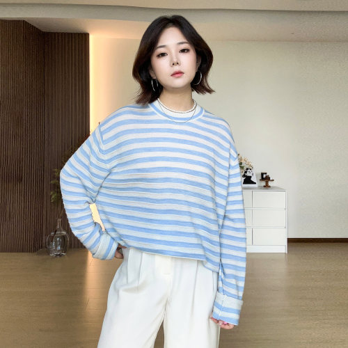 条纹针织羊毛衫撞色落肩打底衫女