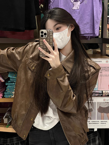 胖mm复古pu皮衣外套女秋季300斤大码宽松显瘦机车服夹克开衫ins潮