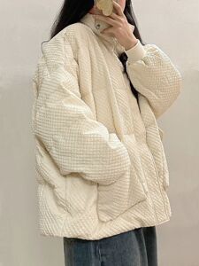 300斤胖mm美式菱格棉服外套女冬季大码宽松oversiz休闲加厚棉衣潮