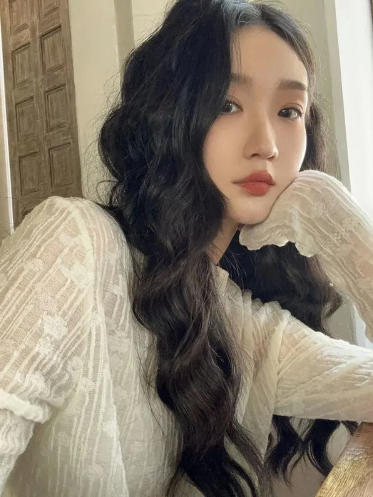 胖mm法式复古开叉镂空防晒长袖体恤女夏季加大码宽松薄款外搭罩衫