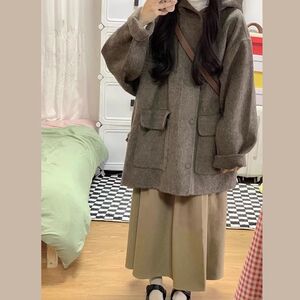 秋冬大码复古减龄毛呢外套女秋冬300斤胖mm宽松百搭连帽开衫上衣