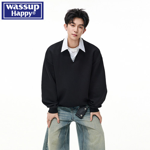 WASSUPHAPPY假两件衬衫领卫衣男