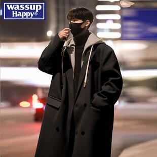 wassup happy中长款毛呢大衣男秋冬季潮牌假两件连帽过膝风衣外套