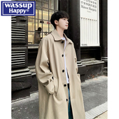 潮牌中长款 wassup happy英伦风风衣外套男春秋季 宽松休闲痞帅大衣
