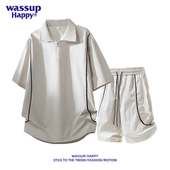 套装 Polo衫 男2026新款 夏季 wassup 复古休闲五分裤 happy半拉链短袖