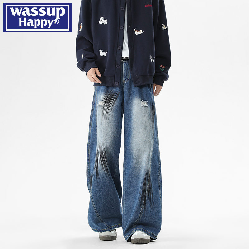 WASSUPHAPPY泼墨弯刀牛仔裤子男