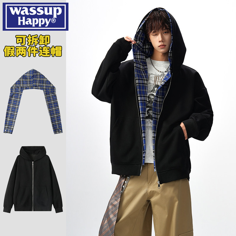 wassup happy美式假两件连帽卫衣男士春秋季重磅cleanfit格子外套,男装,卫衣,淘宝优惠券,粉丝福利购,淘宝优惠卷