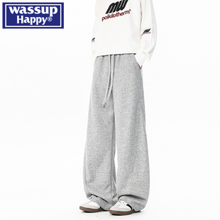 wassup happy灰色百搭重磅运动卫裤男春秋季新款美式宽松直筒裤子
