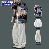 宽松休闲裤 wassup happy休闲格子翻领毛呢外套男秋冬季 子搭配一套