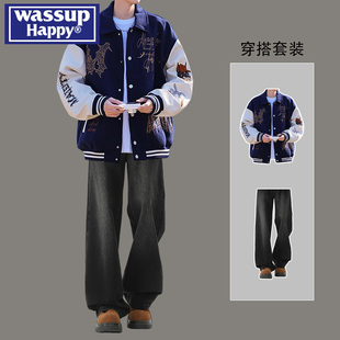 wassup happy刺绣棒球服夹克外套男士春秋季宽松牛仔裤帅气两件套