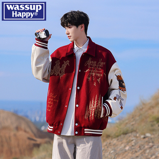wassup happy重工刺绣呢料飞行员夹克男秋冬季新款美式棒球服外套