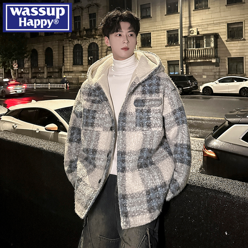 WASSUPHAPPY慵懒风格子毛呢棉衣