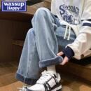 happy美式 潮牌加绒加厚宽松休闲长裤 直筒牛仔裤 秋冬季 男款 wassup