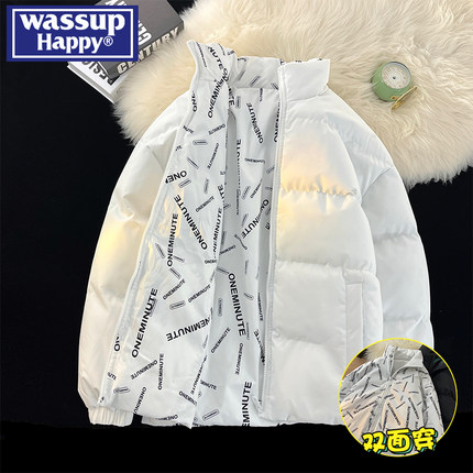 wassup happy两面穿棉衣男秋冬季加厚羽绒棉服美式潮牌设计感外套