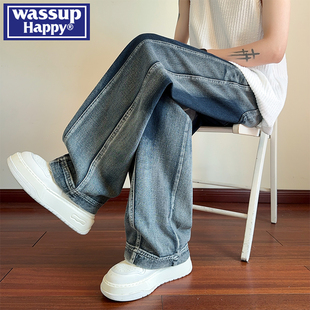 复古解构拼接休闲弯刀裤 男春秋新款 子 happy渐变直筒牛仔裤 wassup