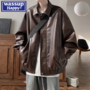 2025潮牌宽松pu皮翻领夹克潮 春秋季 wassup happy复古皮衣外套男士