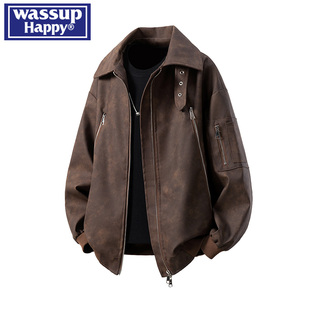 wassup happy美拉德PU皮机车外套男春秋季新款美式飞行员工装夹克