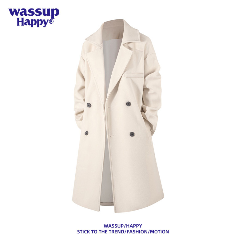 wassup happy韩版中长款毛呢大衣男秋冬季加棉加厚呢子英伦风外套