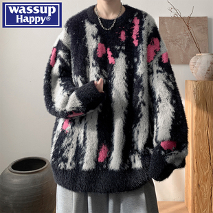 wassup happy马海毛扎染毛衣男士2025冬季新款加厚慵懒风宽松外套