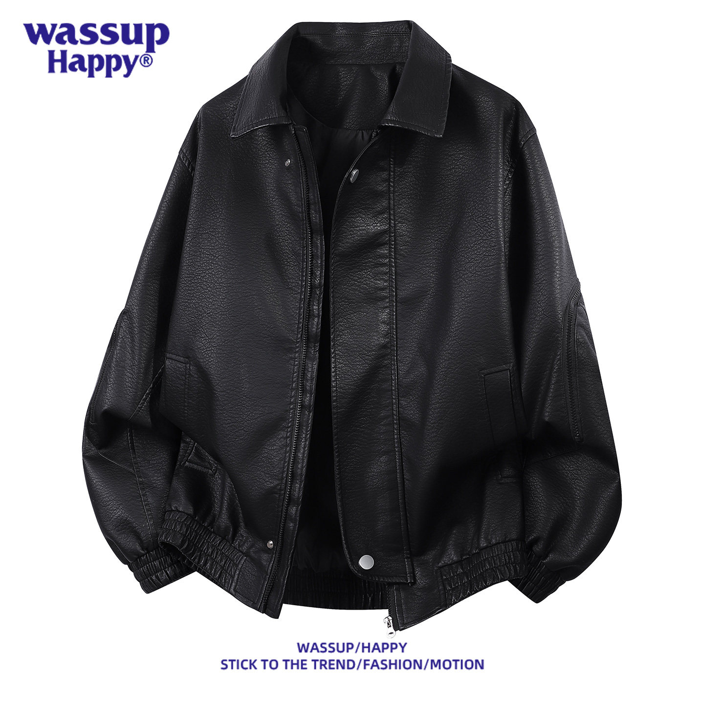 wassup happy美式复古pu皮工装夹克男士秋冬季潮流美式翻领机车服