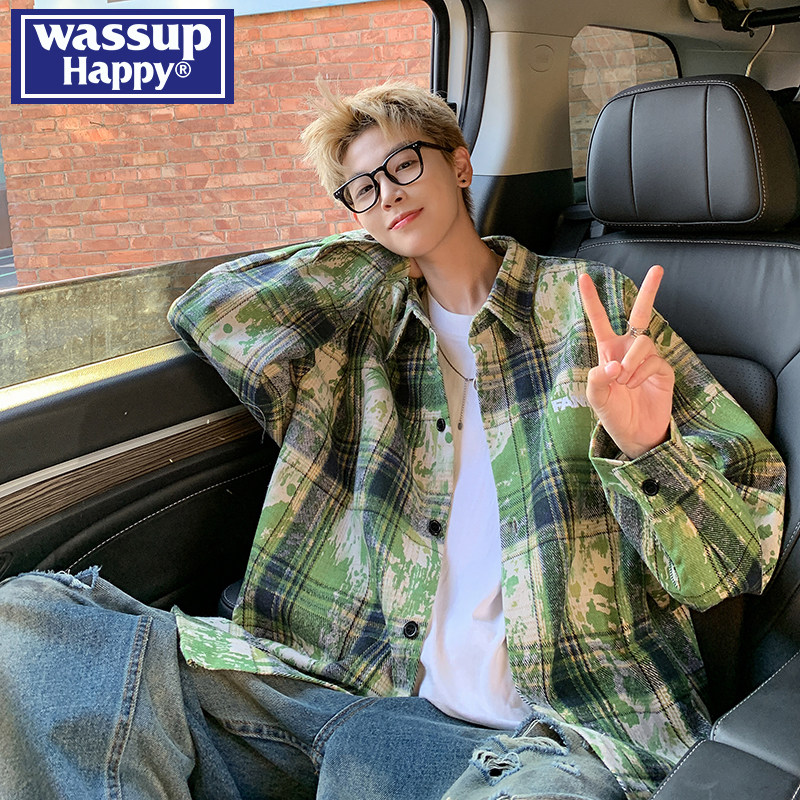 wassup happy港风格子长袖衬衫男春秋季新款潮牌宽松痞帅衬衣外套