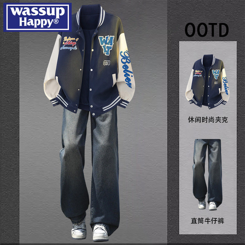 wassup happy重磅刺绣棒球服男士春秋牛仔裤运动套装潮流痞帅搭配