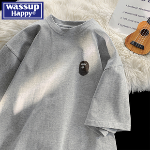 happy日系复古短袖 夏季 wassup 男士 体恤 新款 简约潮流纯棉宽松半袖