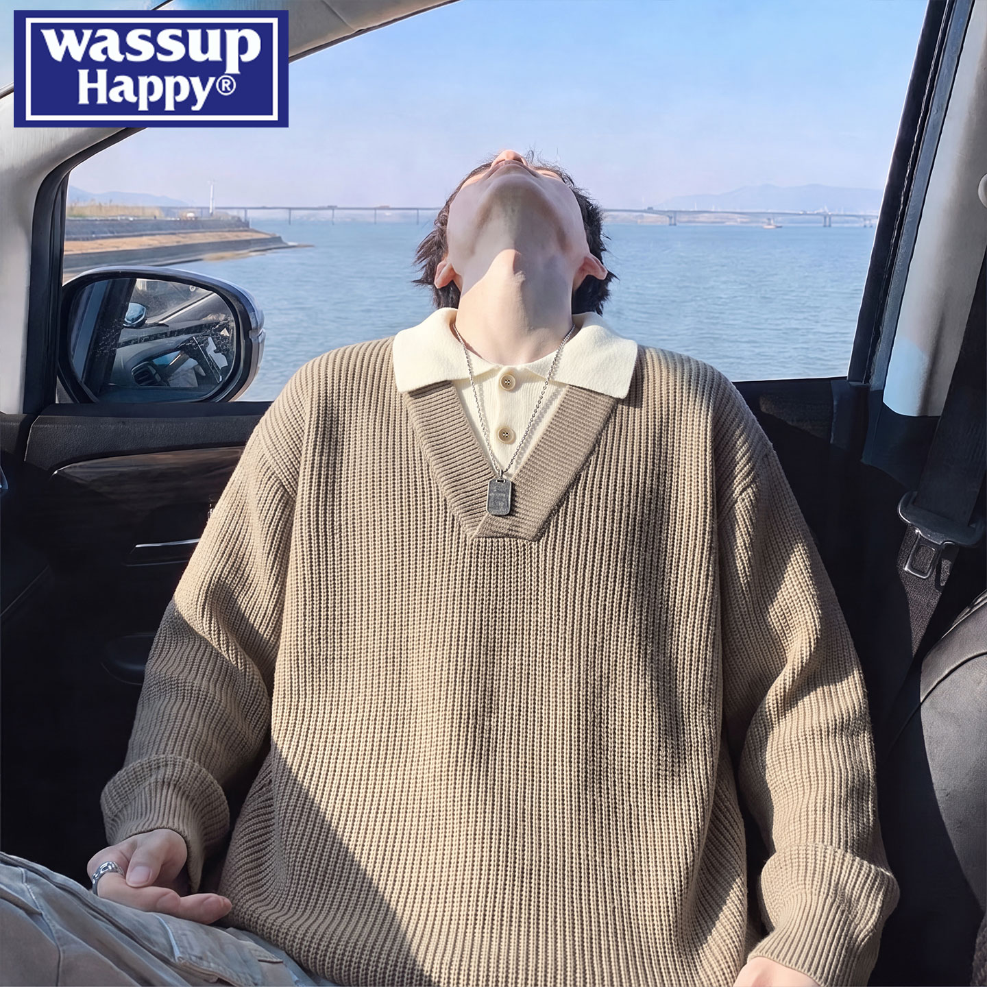 wassup happy假两件韩版高级感毛衣男士秋冬季宽松百搭针织衫上衣
