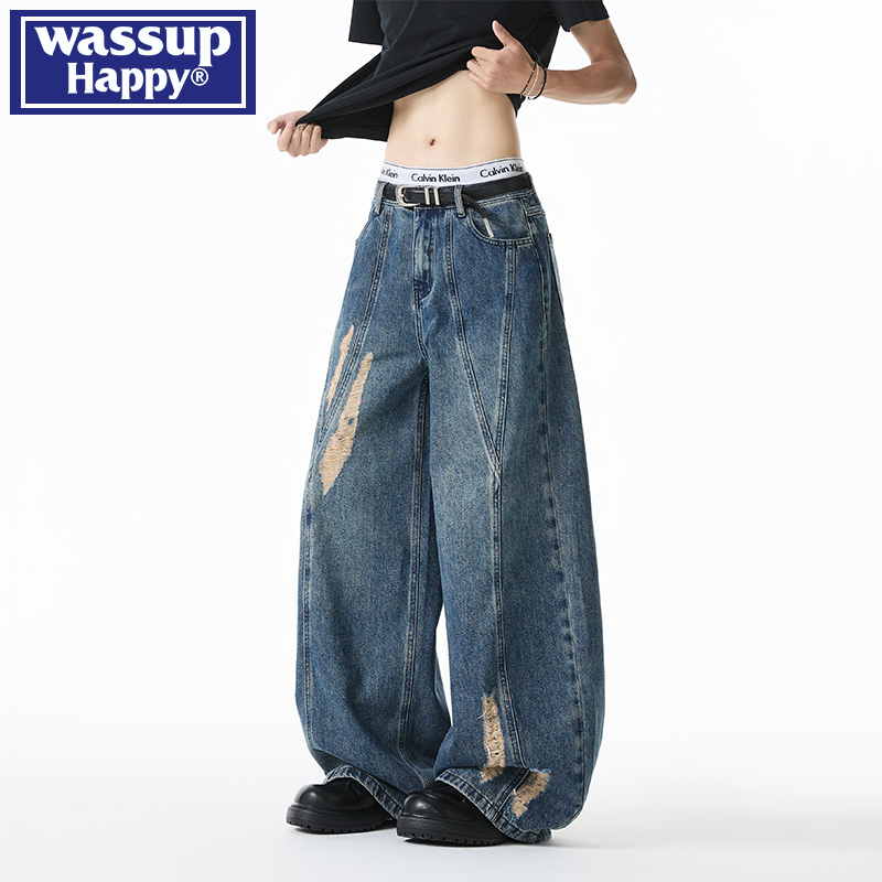 WASSUPHAPPY秋季直筒牛仔裤子男