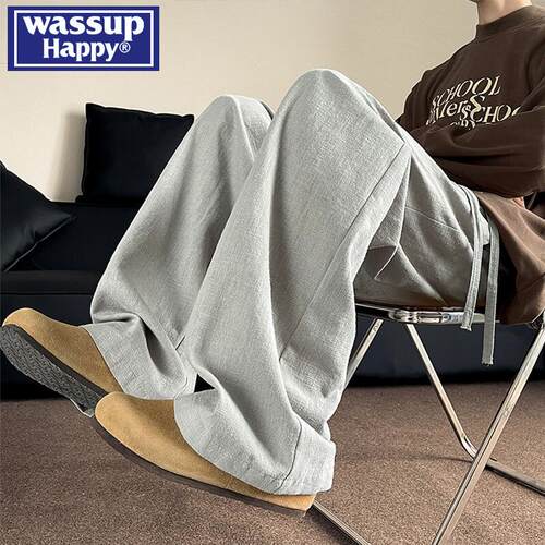 WASSUPHAPPY亚麻纯棉休闲裤子男