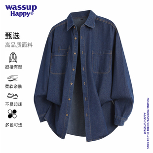 wassup happy水洗牛仔长袖衬衫男2025春秋季新款宽松翻领衬衣外套