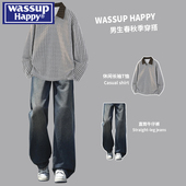 happy美式 鱼骨纹拼接polo领卫衣男春秋季 新款 wassup 潮牌休闲套装
