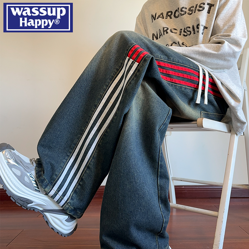 WASSUPHAPPY蓝条纹牛仔裤子男士