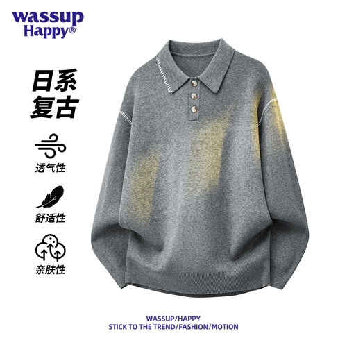 WASSUPHAPPY老钱风翻领毛衣男士