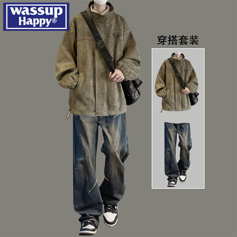 wassup happy麂皮绒翻领夹克外套男秋季新款潮牌美式休闲搭配套装,男装,休闲运动套装,淘宝优惠券,粉丝福利购,淘宝优惠卷