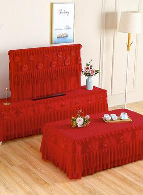 休闲婚礼红色蕾丝全包咖啡桌套台布55英寸电视柜台布床头柜套客厅