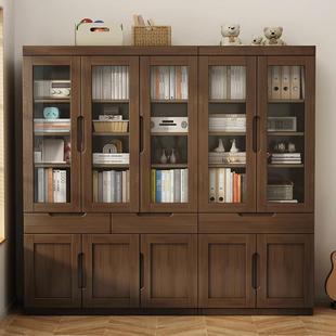 北欧简约实木三门书柜小户型书房办公室带玻璃门文件柜展示收纳柜