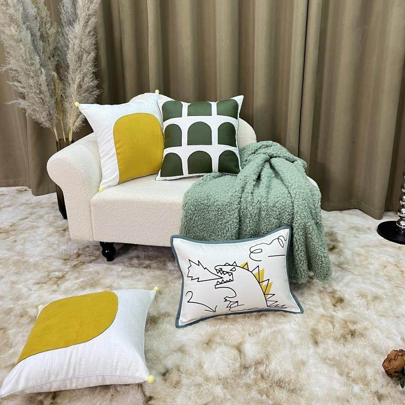 居家沙发飘窗样板房儿童黄绿配色小恐龙可爱刺绣抱枕针织搭巾组