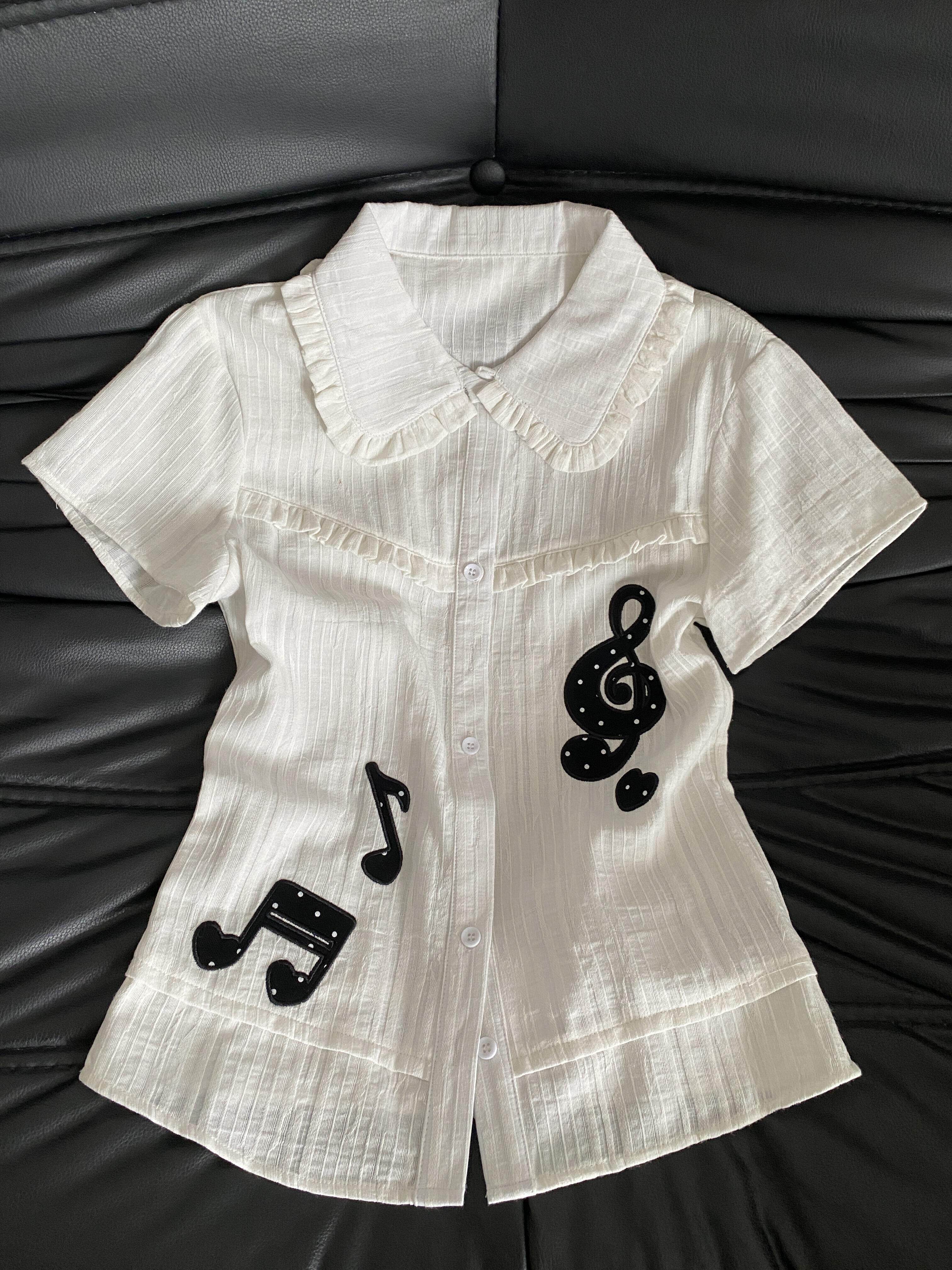 thumbnail for American hot girl style note print doll collar shirt women's summer commuting versatile slim fit small short sleeve shirt